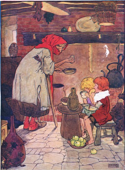 Ella los llevó adentro y les dio una hermosa cena, de Hansel y Gretel publicado por Blackie & Son Limited, c.1940 de Frank Adams