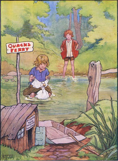 El pato los llevó uno a uno en su espalda, de Hansel y Gretel publicado por Blackie & Son Limited, c.1940 de Frank Adams