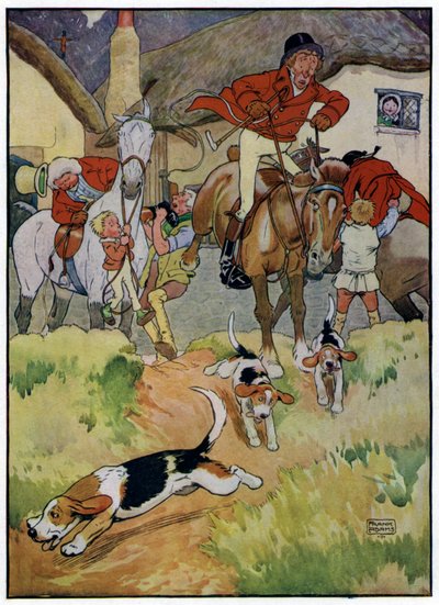 Tres alegres cazadores (litografía en color) de Frank Adams