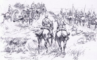 La caballería y artillería de Buller avanzando en Bergendal, ilustración de Después de Pretoria: La Guerra de Guerrillas, 1902 de Frank Algenon Stewart