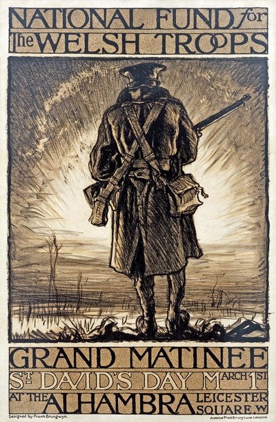 Póster publicitario de un evento de recaudación de fondos para el Fondo Nacional para las Tropas Galesas, 1 de marzo, 1915 de Frank Brangwyn