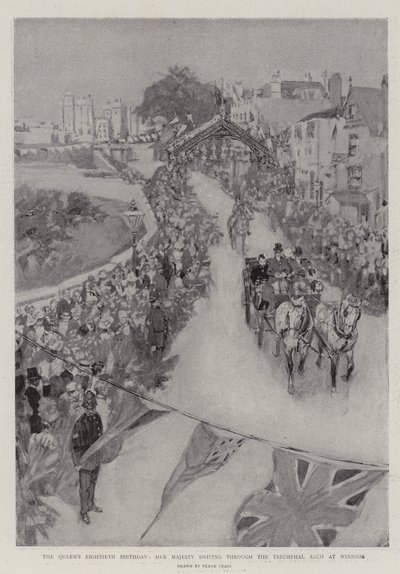 El octogésimo cumpleaños de la Reina, Su Majestad pasando por el Arco Triunfal en Windsor de Frank Craig