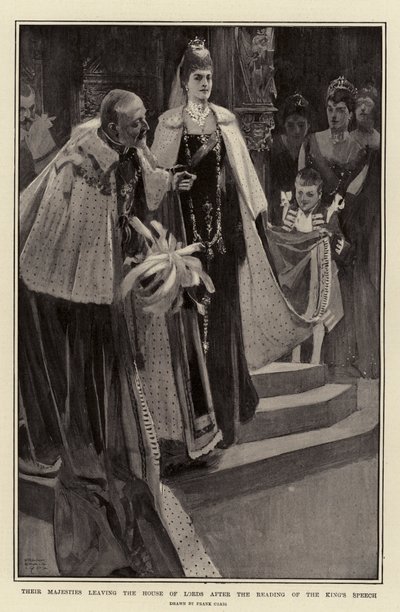 Sus Majestades saliendo de la Casa de los Lores después de la lectura del discurso del Rey de Frank Craig