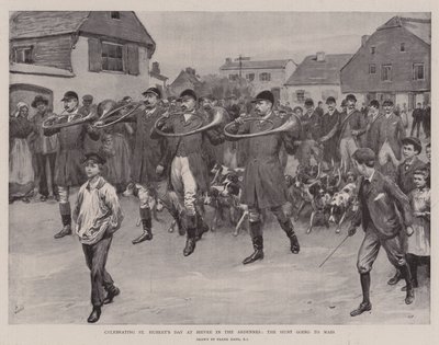 Celebrando el Día de San Huberto en Bievre en las Ardenas, la caza yendo a misa de Frank Dadd