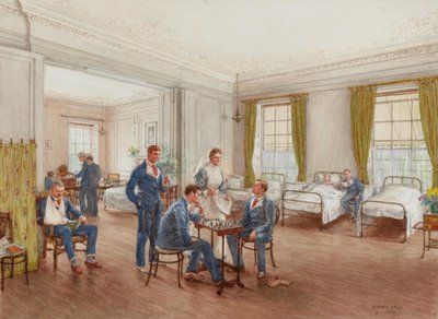 Soldados convalecientes jugando al ajedrez en una sala del Hospital de Sulhampstead House, Berkshire, c.1918 de Frank Dadd