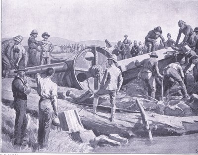 Pasando un cañón por un lugar difícil, ilustración de Después de Pretoria: La Guerra de Guerrillas, 1902 de Frank Dadd