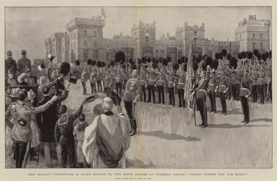 Su Majestad presentando un color de estado a los Guardias Escoceses en el Castillo de Windsor, tres hurras por la Reina de Frank Dadd