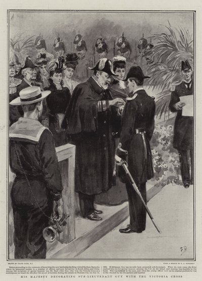 Su Majestad condecorando al Subteniente Guy con la Cruz Victoria de Frank Dadd