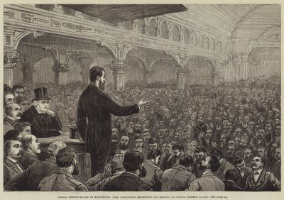 Demostración liberal en Manchester, Lord Hartington dirigiéndose a la reunión en Pomona Gardens Palace de Frank Dadd