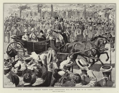 El carruaje de Lord Kitchener pasando por Constitution Hill en su camino al Palacio de St James de Frank Dadd