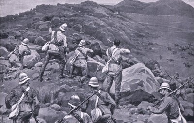 Persecución de la retaguardia de De Wet en Takesberg, de Después de Pretoria: La Guerra de Guerrillas publicada por Harmsworth Bros Limited de Frank Dadd