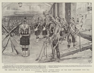 El regreso a casa de los Gordon Highlanders, el coronel Mathias despidiendo al primer destacamento desde los muelles de Liverpool hacia Edimburgo de Frank Dadd