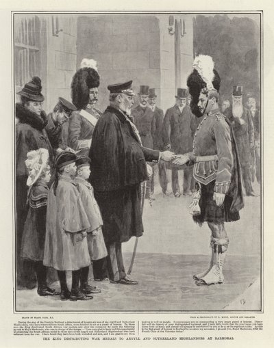 El rey distribuyendo medallas de guerra a los Highlanders de Argyll y Sutherland en Balmoral de Frank Dadd