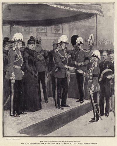 El rey presentando la medalla de la Guerra de Sudáfrica en el desfile de Horse Guards de Frank Dadd
