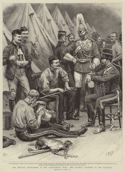 El torneo militar en el Agricultural Hall, los cuarteles de los soldados en las galerías de Frank Dadd