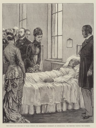 El Príncipe y la Princesa de Gales inaugurando el Marylebone Infirmary en Notting-Hill, la Princesa visitando a los Pacientes de Frank Dadd