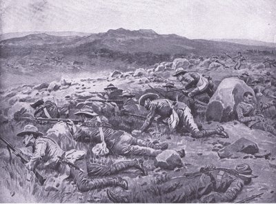 Con los Bushmen Imperiales de Queensland en Rhenoster Kop el 29 de noviembre de 1900 (ilustración de After Pretoria: The Guerilla War, 1902) de Frank Dadd