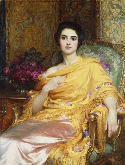 Retrato de Elsa, hija de William Hall, tres cuartos de longitud, sentada con un vestido rosa y un chal amarillo, 1927 de Frank Dicksee