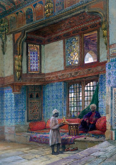 Receso en la sala de recepción de la casa del Mufti Sheik El Mahadi, El Cairo, 1873 de Frank Dillon