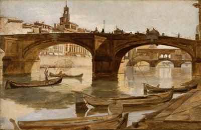 Los puentes: Florencia, c.1880 (óleo sobre lienzo montado en cartón laminado) de Frank Duveneck
