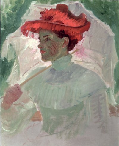 Mujer con sombrero rojo y parasol de Frank Duveneck