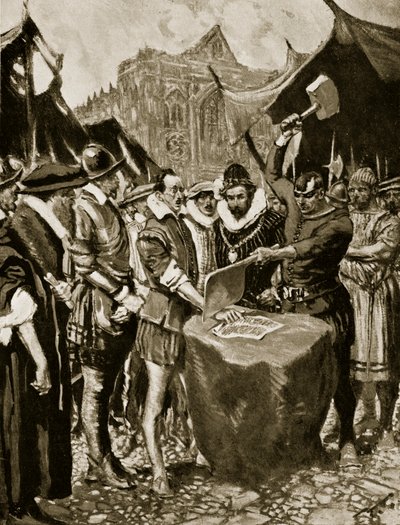 Stubbs tiene su mano cortada, 1521, ilustración de 