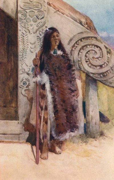 Nueva Zelanda: A Maori Chieftainess (litografía en color) de Frank H Wright