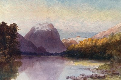 Nueva Zelanda: En la cabecera del lago Te-Anau (litografía en color) de Frank H Wright