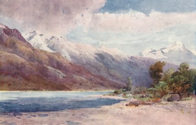 Nueva Zelanda: En la cabecera del lago Wakatipu (litografía en color) de Frank H Wright