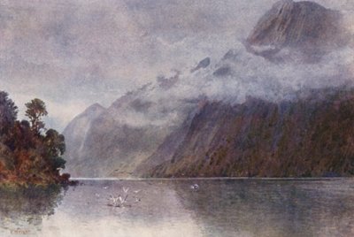 Nueva Zelanda: En Milford Sound (litografía en color) de Frank H Wright