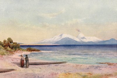 Nueva Zelanda: Lago Taupo (litografía en color) de Frank H Wright