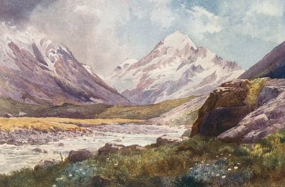 Nueva Zelanda: Monte Cook (litografía en color) de Frank H Wright
