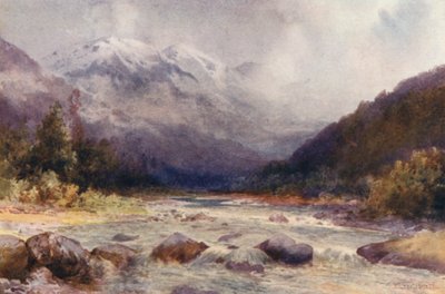 Nueva Zelanda: En el río Bealey (litografía en color) de Frank H Wright