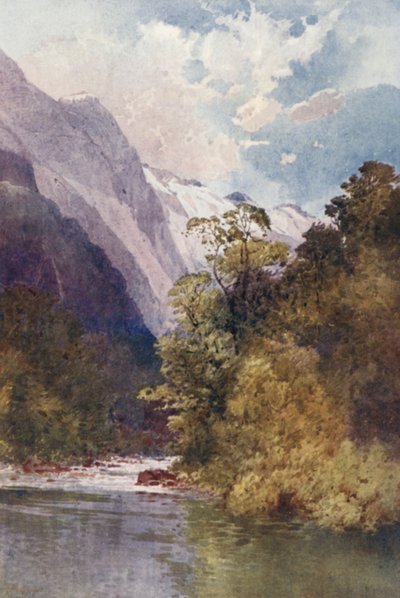 Nueva Zelanda: En el río Clinton (litografía en color) de Frank H Wright