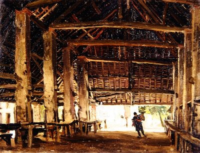 El Gran Granero, Larchant (óleo sobre tabla) de Frank Lewis Emanuel