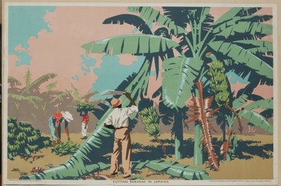 Cortando plátanos en Jamaica (litografía en color) de Frank Newbould