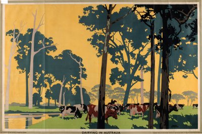 Dairying in Australia, de la serie "Empire Buying Makes Busy Factories" (litografía en color) de Frank Newbould