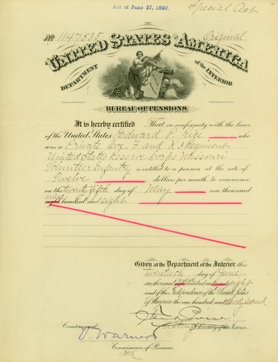 Aviso de derecho a pensión a Edward Parker Rice, 20 de junio de 1908 de Frank Pierce