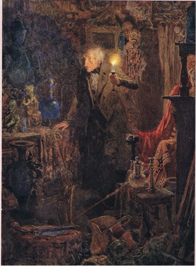 Era un ancianito de pelo largo y gris, cuyo rostro y figura, mientras sostenía la luz por encima de su cabeza y miraba ante sí, c.1920 (litografía en color). de Frank Reynolds
