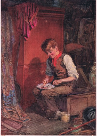 Kit lleva una gran rebanada de pan y carne a un rincón, y se aplica a disponer de ella con gran voracidad , c.1920 (litografía en color) de Frank Reynolds