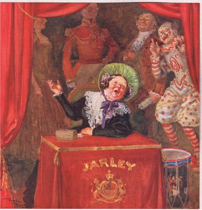 La Sra. Jarley sentada en el lugar de pago, tintineando monedas de plata desde el mediodía hasta la noche , c.1920 (litografía en color) de Frank Reynolds