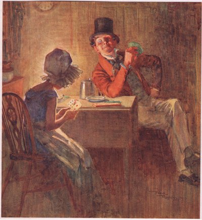 La Marquesa sosteniendo sus cartas muy apretadas en ambas manos, considerando cuales jugar, c.1920 (litografía en color) de Frank Reynolds