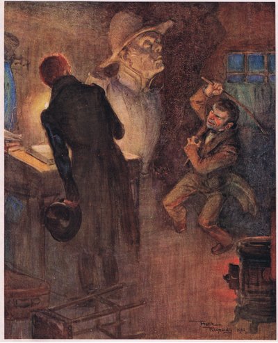 El enano tiró el periódico en el que había estado canturreando las palabras ya citadas y agarró una barra de hierro oxidado, c.1920 (litografía en color) de Frank Reynolds