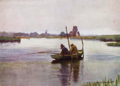Norfolk Broads: Pesca de Brema cerca de la Abadía de St Benet (litografía en color) de Frank Southgate