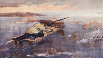 Wild Life in East Anglia: Wild-Fowling with a Stalking Sledge (litografía en color) de Frank Southgate