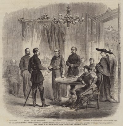 La Revolución en Sicilia, el General Garibaldi recibiendo al enviado napolitano, Mayor Bosco, en su cuartel general en la Casa del Senado, Palermo de Frank Vizetelly