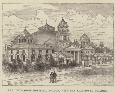 El Hospital de Devonshire, Buxton, con el edificio adicional de Frank Watkins