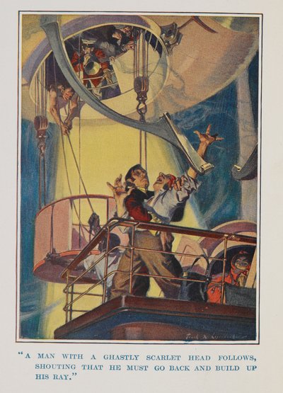 "Un hombre con una cabeza espantosa lo sigue, gritando que debe regresar y construir su rayo" de Frank Xavier Leyendecker