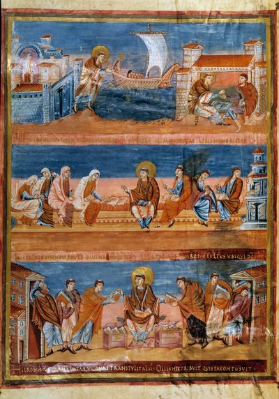 San Jerónimo dejando Roma y pagando a su maestro en Jerusalén (arriba), trabajando con sus escribas (centro) y distribuyendo la Vulgata (abajo). Miniatura en la "Primera Biblia de Carlos el Calvo, también conocida como la Biblia de Vivien" (Folio 3v), 845- de Frankish School