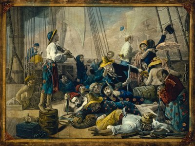 Piratas vestidos de mujer intentan engañar a un mercante de François Auguste Biard